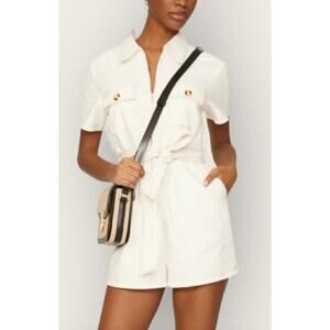 Peter Som  Button Romper Belted Collared Full Zip Denim White Size 4